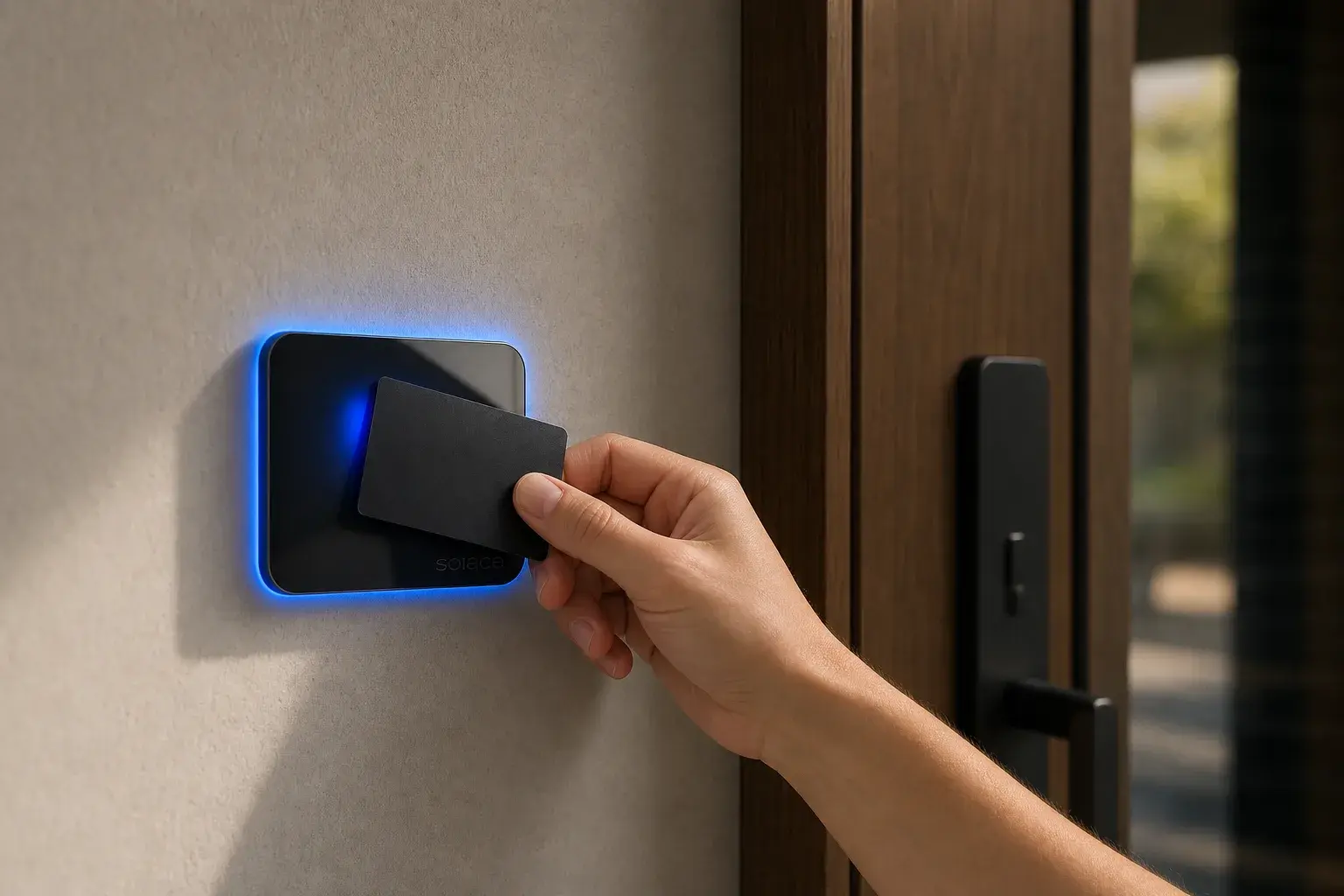 Solace RFID access-control reader with blue underglow being unlocked by a keycard tap