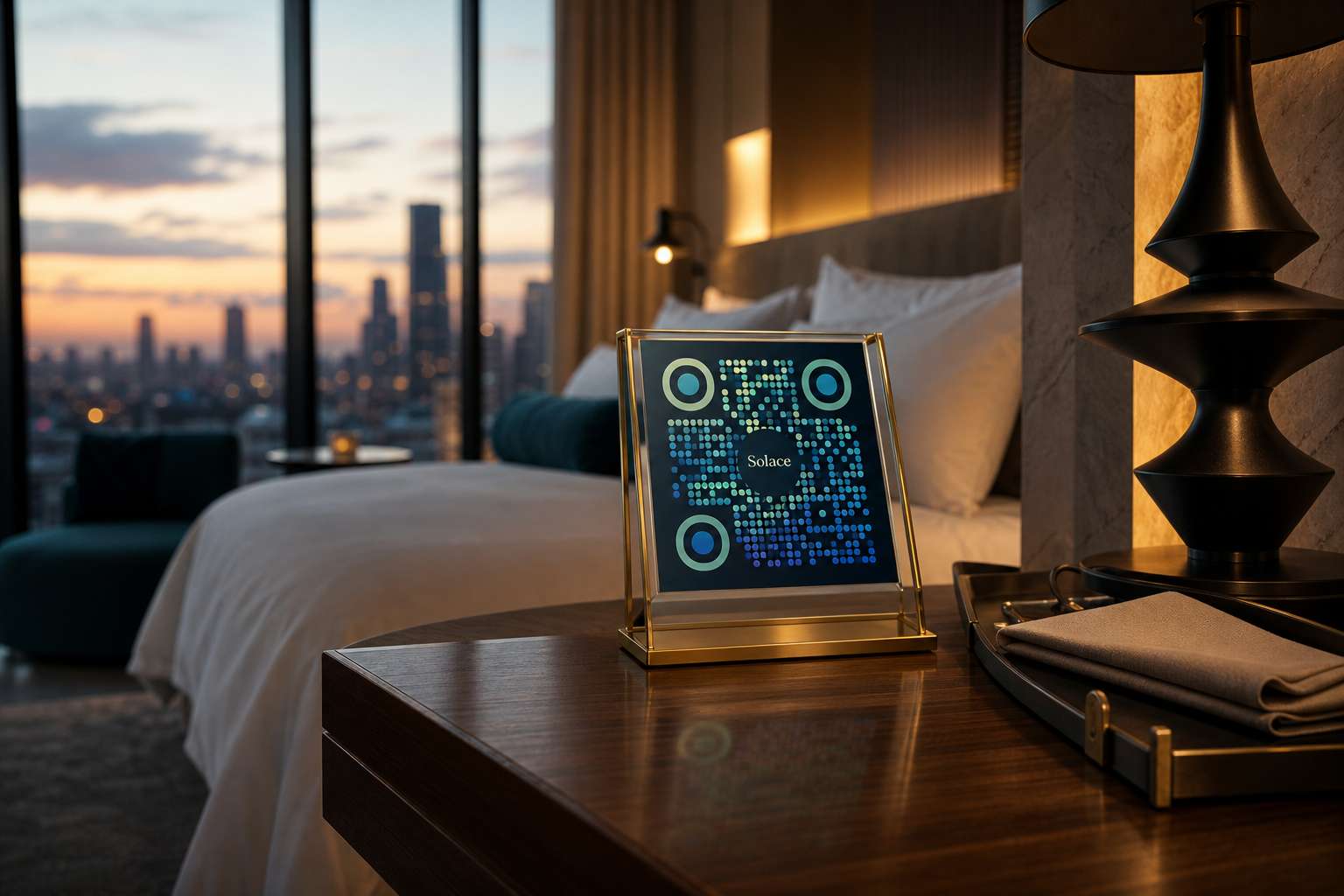 QR card on a hotel bedside table opening the AI concierge