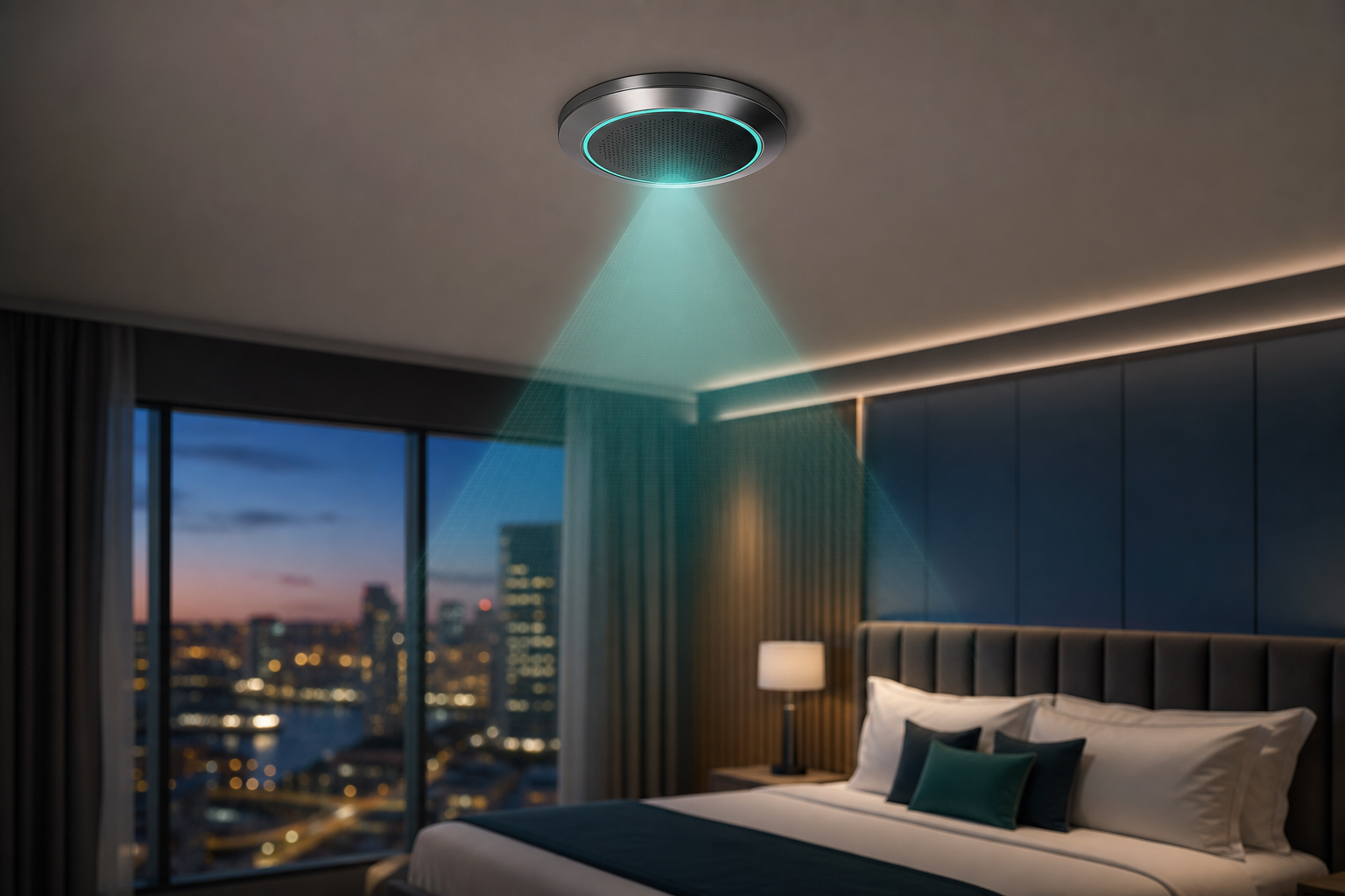 Ceiling-mounted occupancy sensor with detection cone in a hotel room