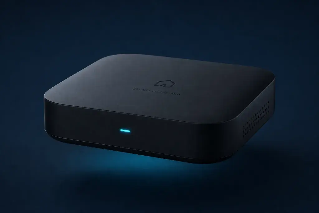 The Solace Hub - a sleek matte control unit with a soft indicator glow, the local brain of the smart home