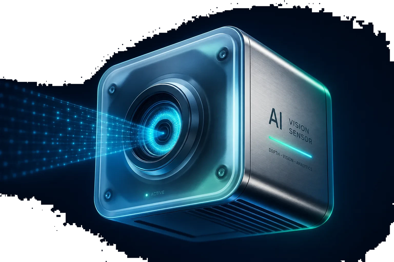 Solace Iris AI vision sensor render with a glowing lens and edge-AI scanning grid
