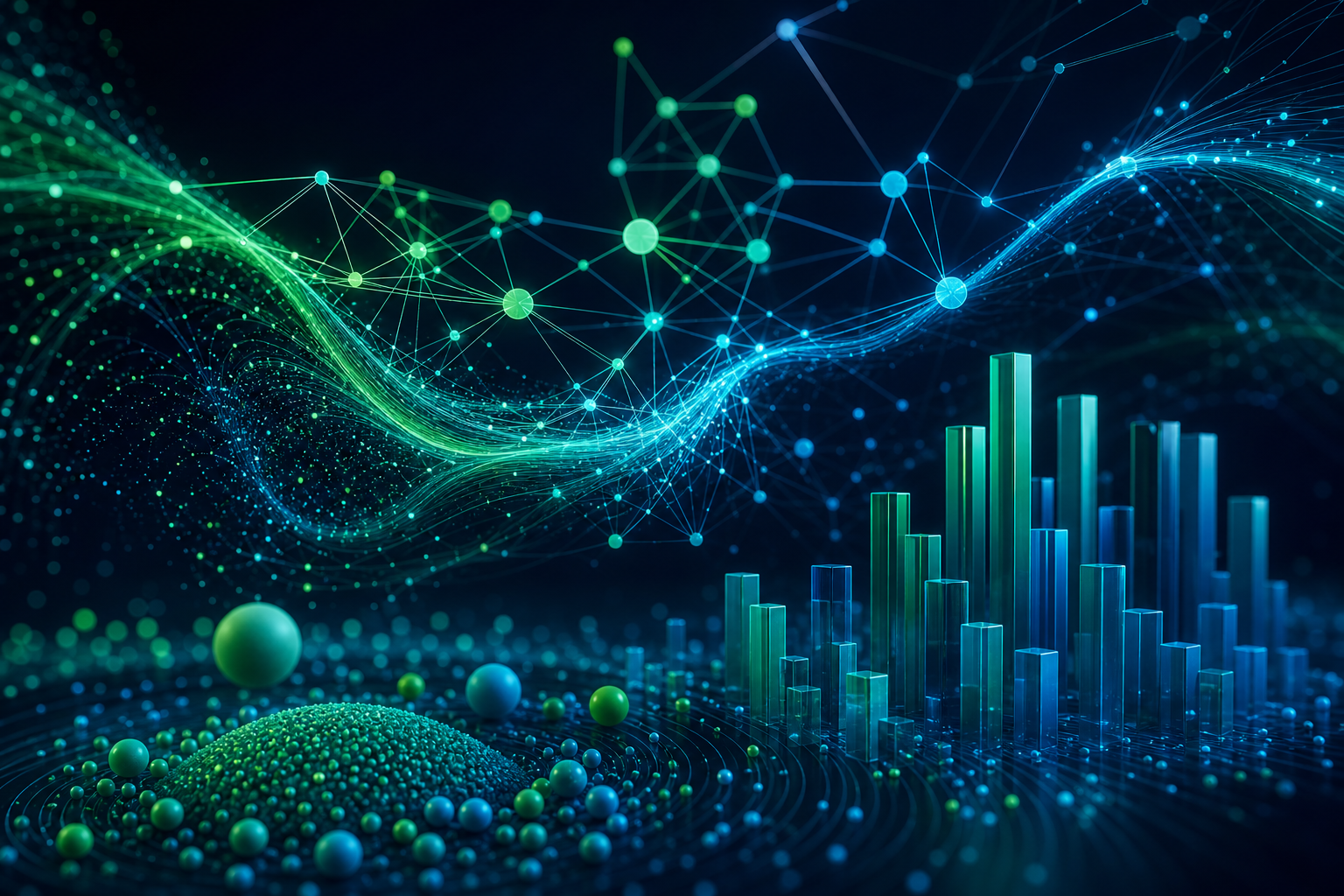 Abstract 3D data visualization with flowing emerald and cyan particle streams forming neural network patterns and translucent bar charts on dark navy background.