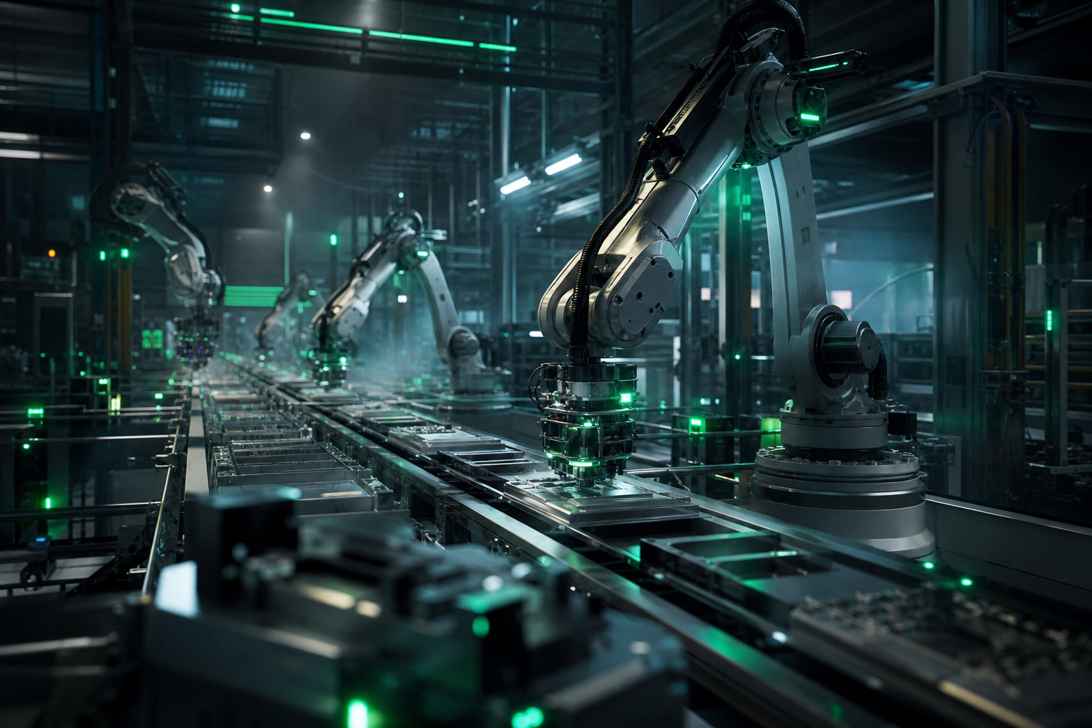 Modern manufacturing floor with automated robotic arms and conveyor systems lit by emerald and cyan LED accents, with atmospheric haze.