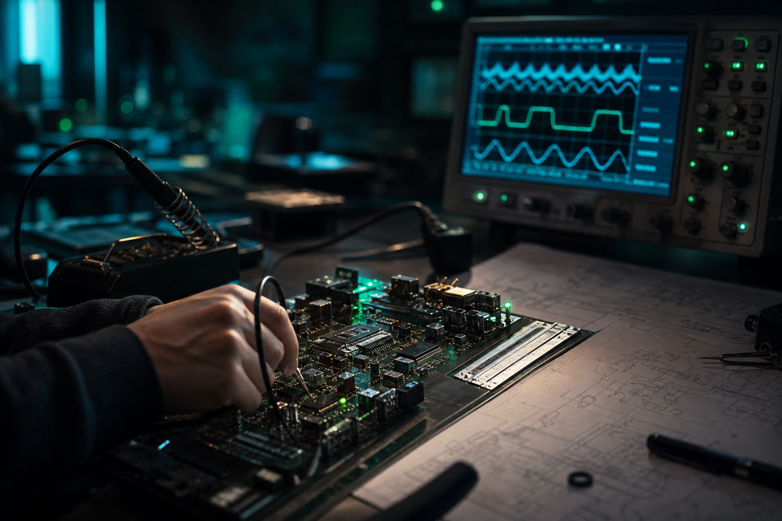 Engineering workbench with a circuit board prototype, soldering iron, oscilloscope showing waveforms, and architectural blueprints under dark workshop lighting.