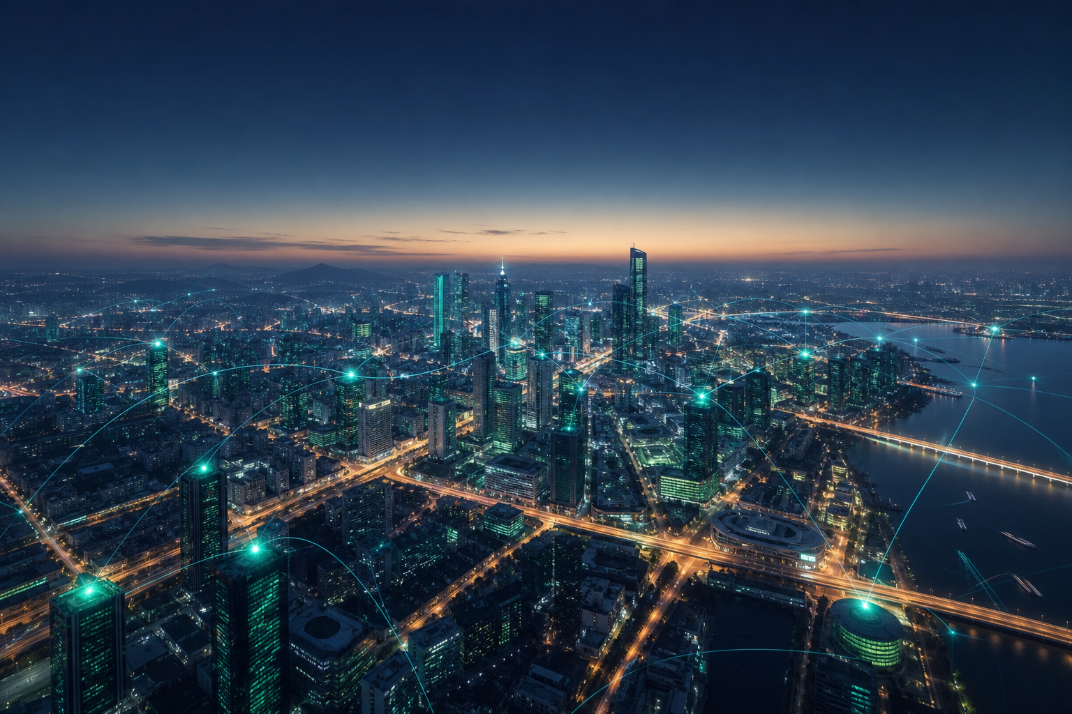 Aerial view of a smart city at twilight with glowing streetlights and modern towers connected by faint cyan light trails.