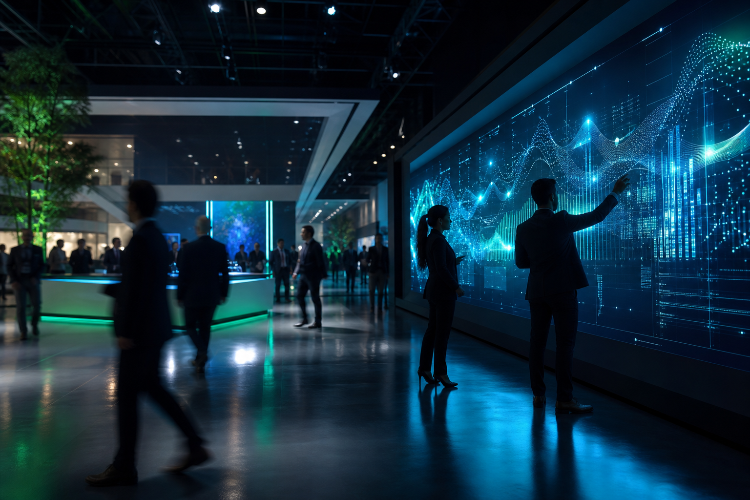 Visitors interact with a giant data-driven touch wall in a futuristic exhibition space, with emerald and cyan ambient lighting reflecting on a glossy floor.
