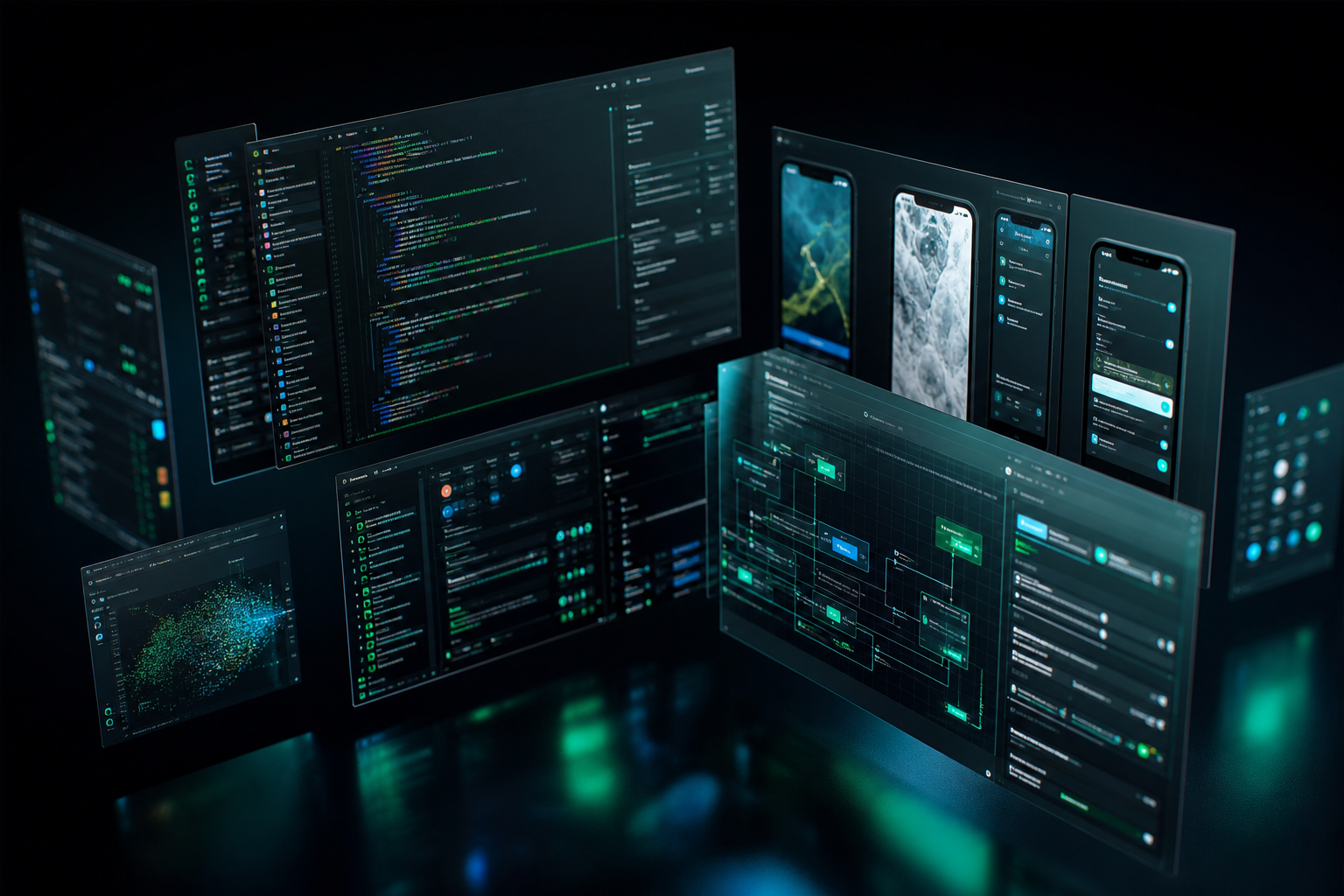 Multiple modern floating displays in dark space showing code editors, mobile app mockups, and architecture diagrams under emerald and cyan accent lighting.