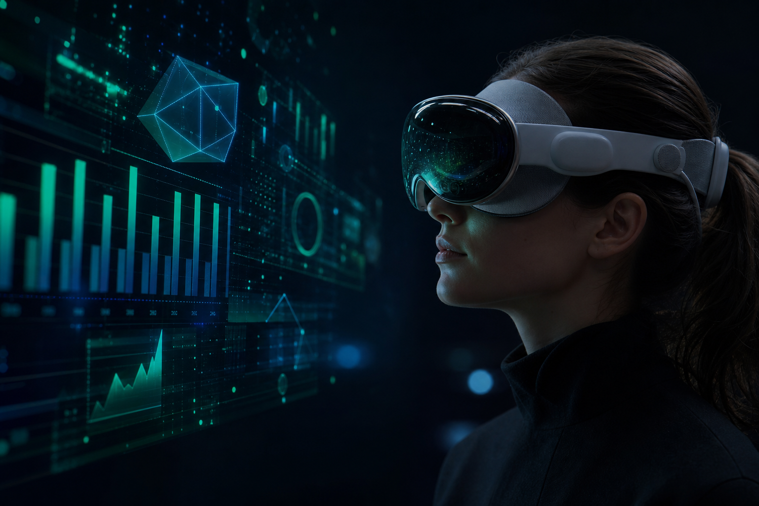 Person in profile wearing a sleek mixed reality headset with translucent emerald and cyan holographic charts and 3D shapes floating in front of them.