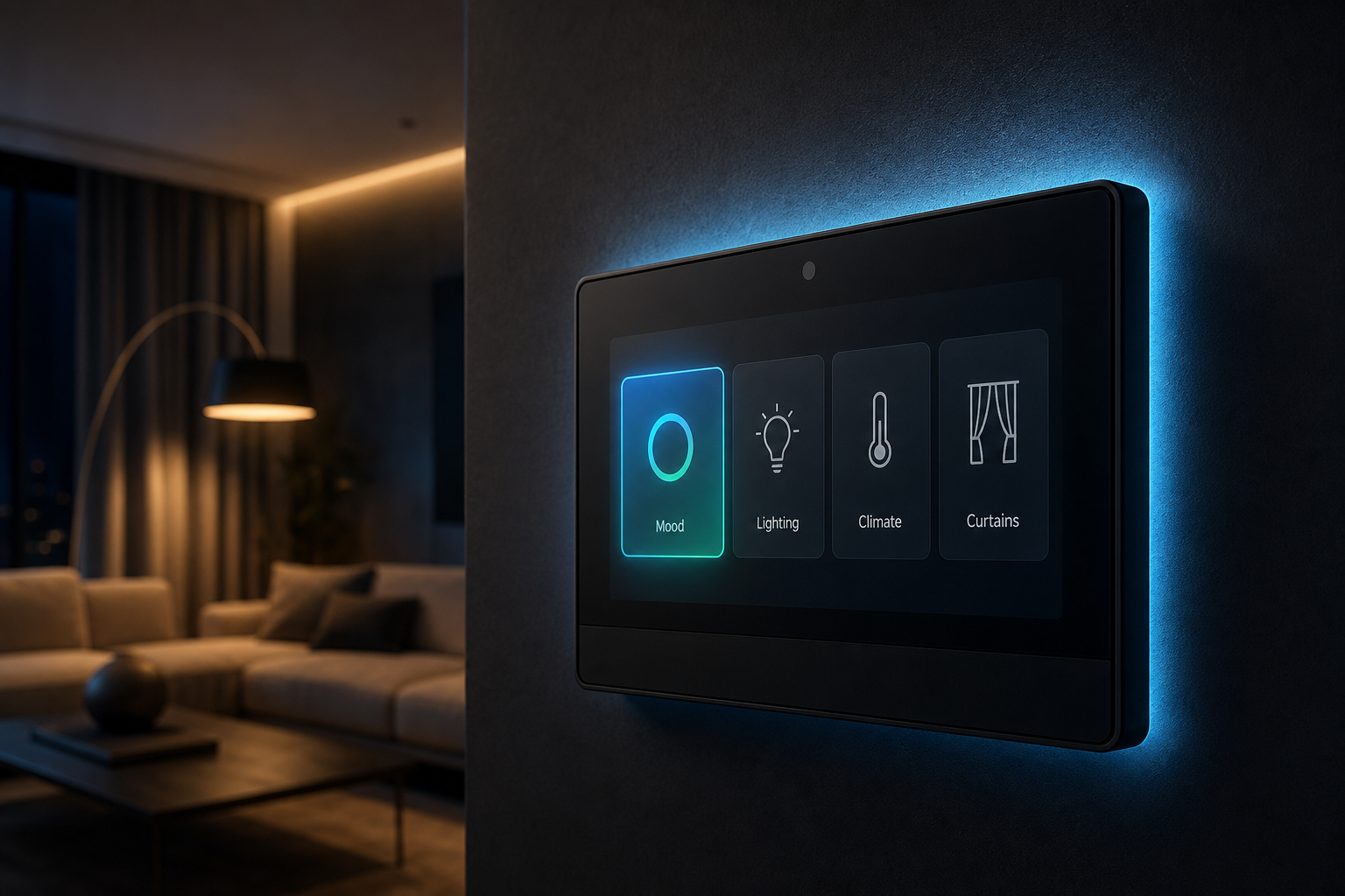 Solace Smart Homes matte-black smart home wall panel with scene tiles
