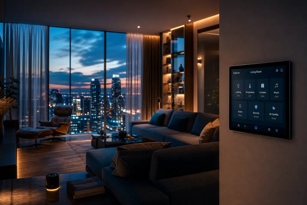 Warm modern living room at dusk with smart lighting, motorized curtains and a wall-mounted Solace control panel glowing softly