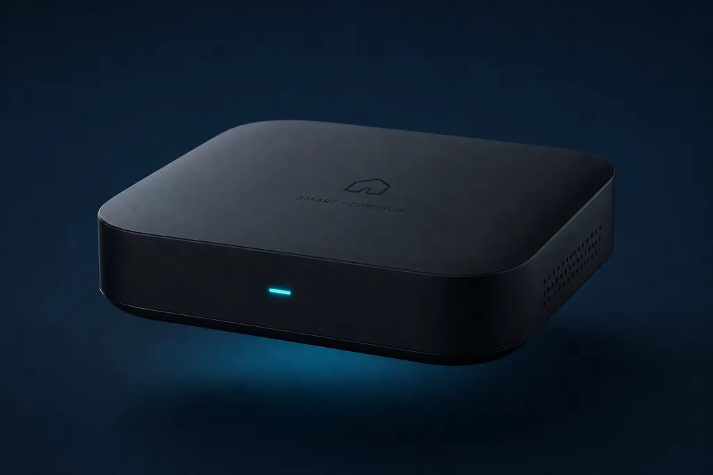The Solace HUB - a sleek matte control unit with a soft cyan indicator glow, the local brain of the smart home