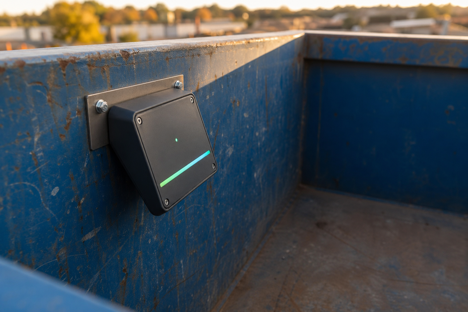 Solace Iris battery-powered ultrasonic sensor mounted inside a blue industrial skip bin, wedge-shaped enclosure tilted downward to measure fill level