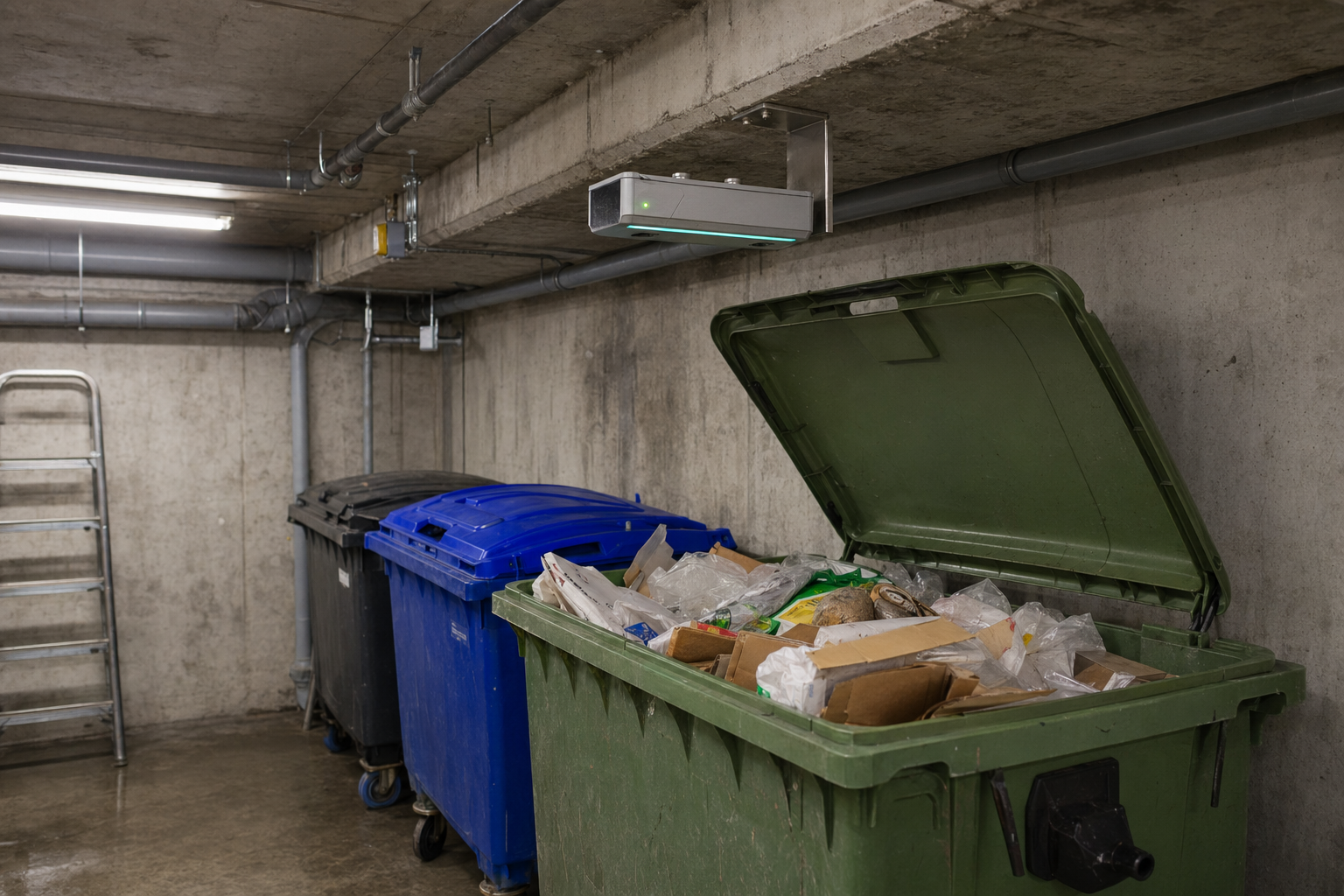 Solace Iris sensor suspended on a perpendicular L-bracket from a concrete ceiling beam over an open-lid green industrial bin in a basement refuse room