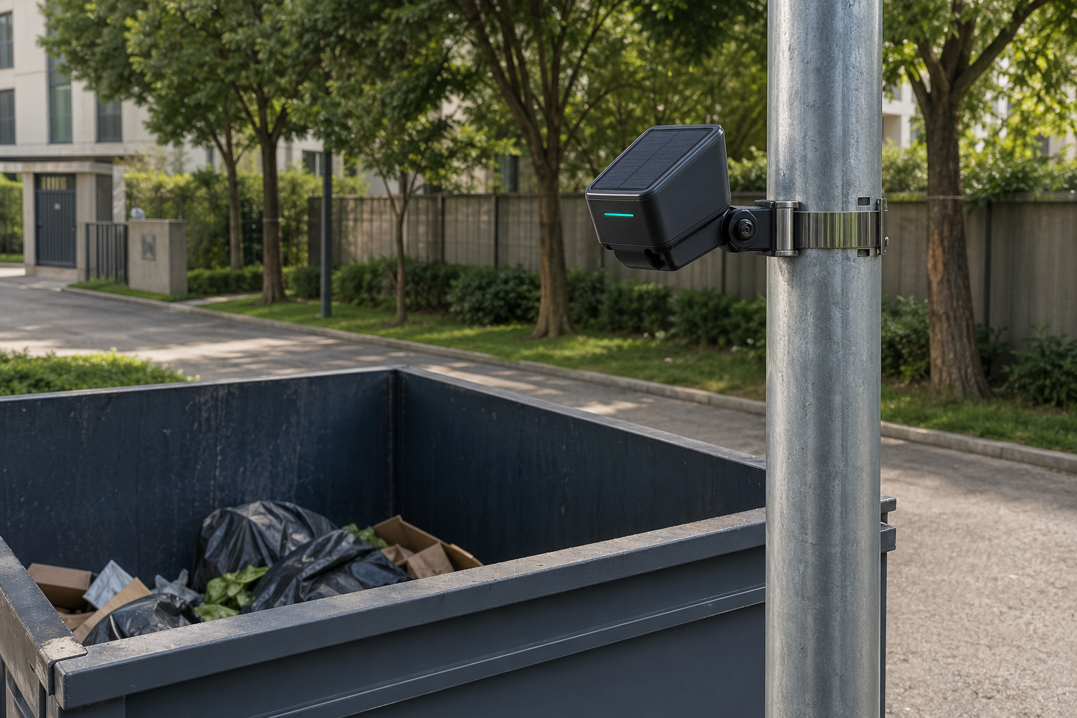 Solace Iris pole-mounted AI vision sensor with solar panel above public bins on an outdoor city plaza