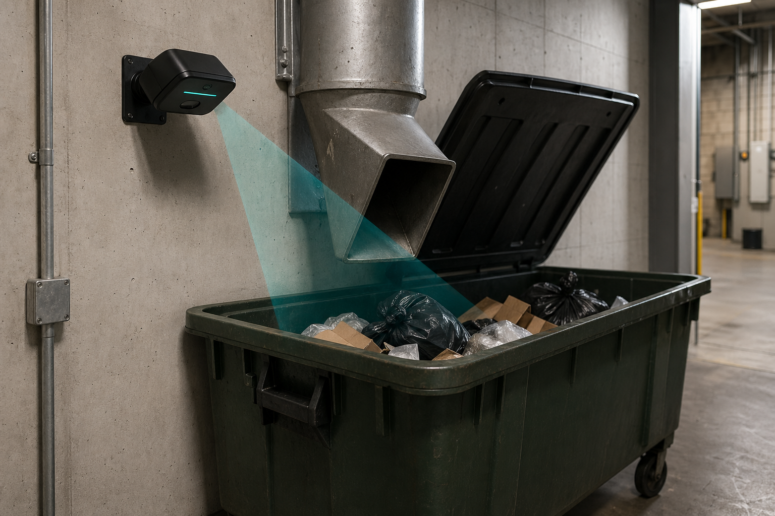 Solace Iris sensor wall-mounted in an outdoor bin shed above three colored wheelie bins