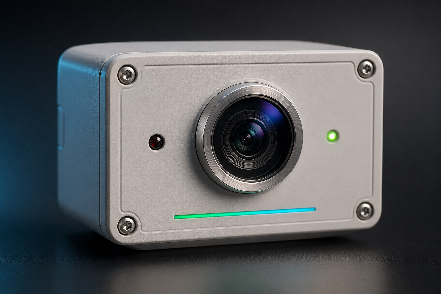Close-up of the Solace Iris AI vision sensor face showing a single camera lens