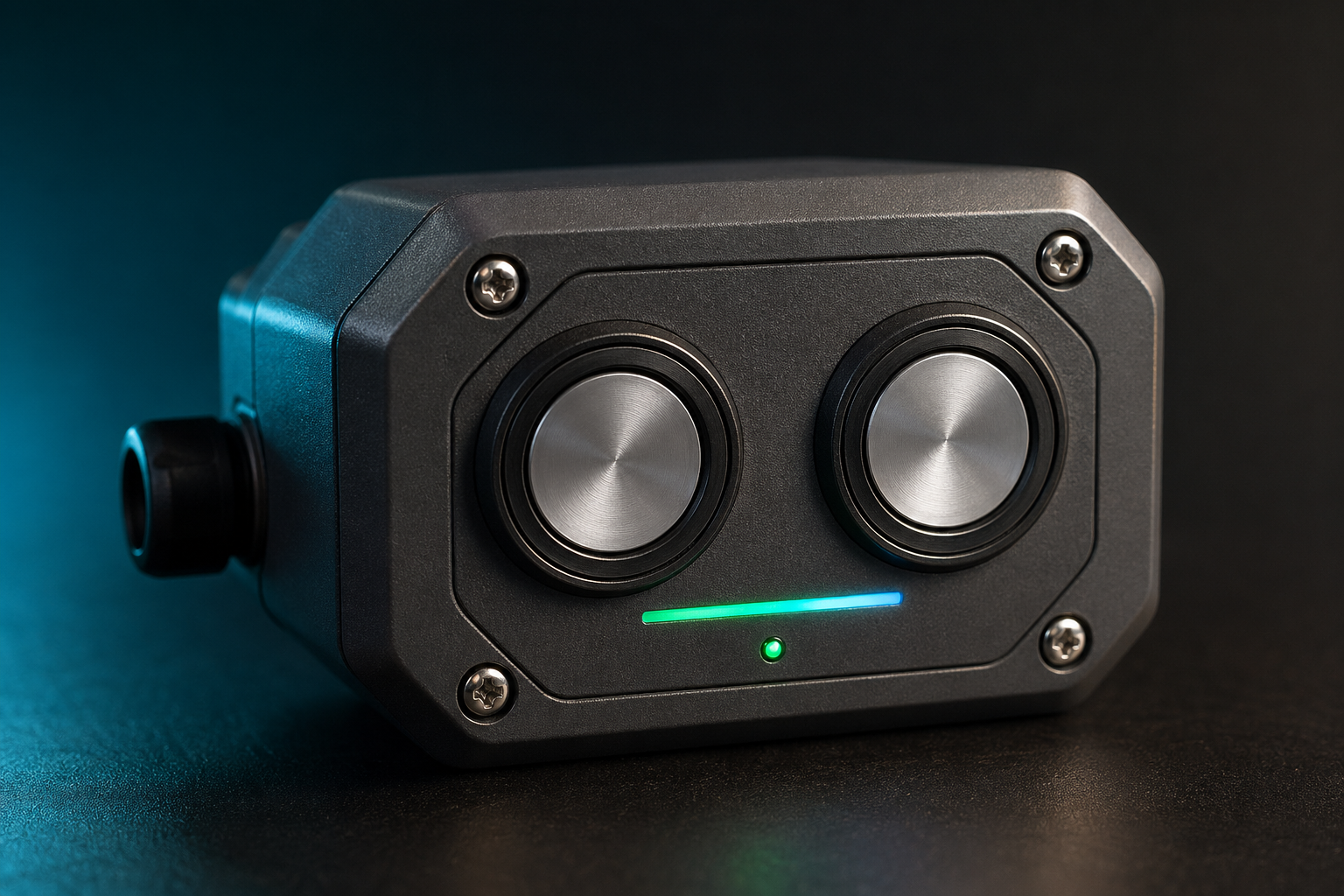 Close-up of the Solace Iris ultrasonic sensor face showing two circular transducer eyes
