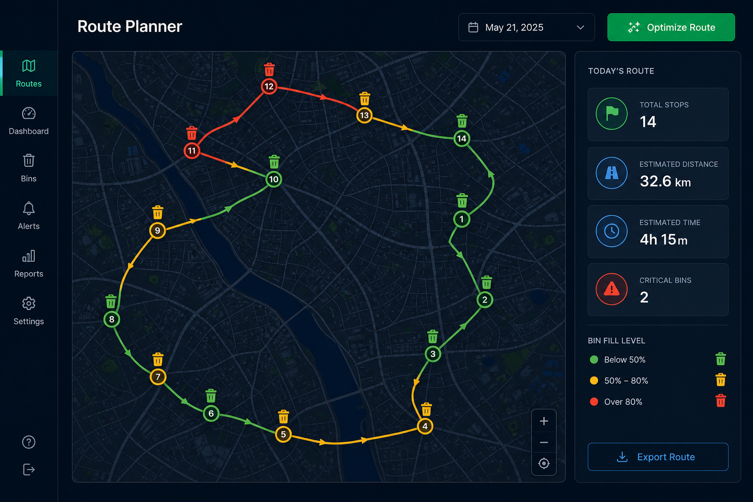 Iris route optimisation screen showing an optimized collection route across a city map with stops and ETA