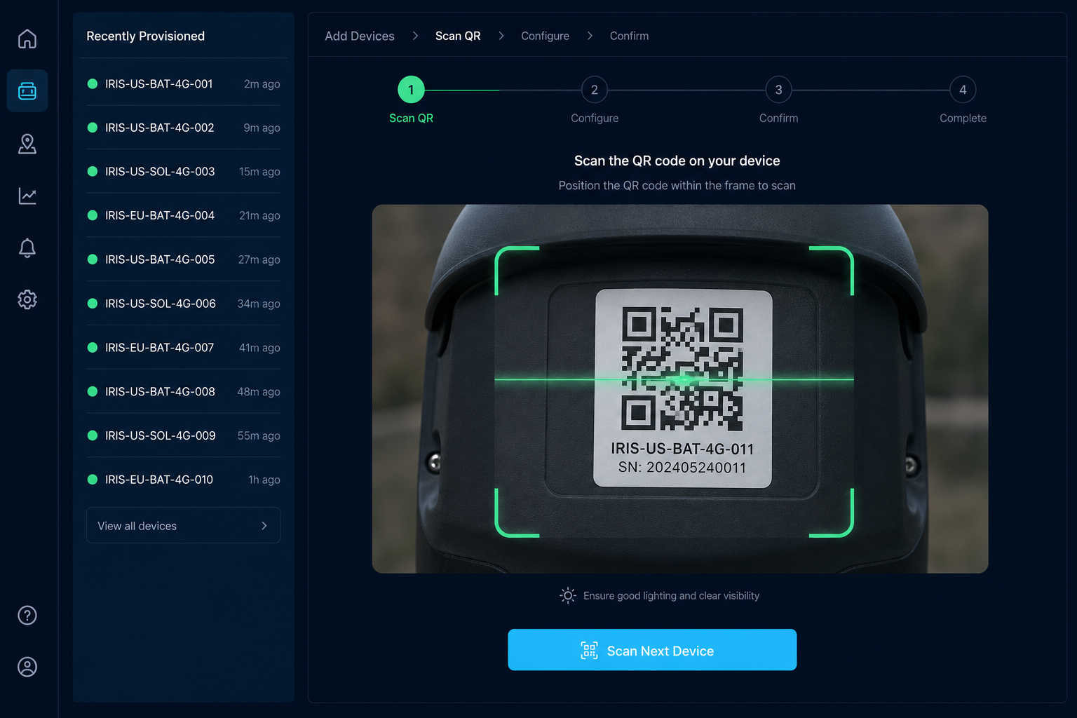 Iris setup and provisioning screen showing a step-by-step bin onboarding wizard with QR scan and configuration fields