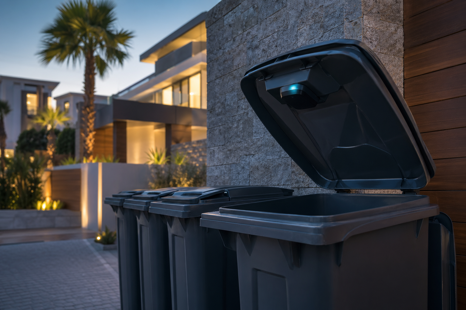 Wheelie bin with an open lid revealing an Iris sensor with cyan glow outside a residential compound