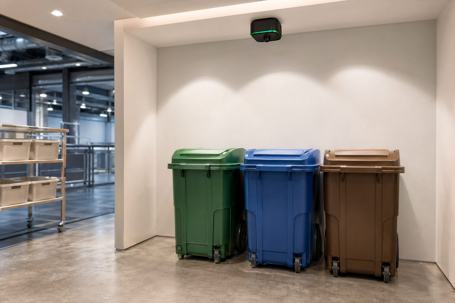 Ceiling-mounted Solace Iris sensor above three colored recycling bins in a clean indoor back-of-house area