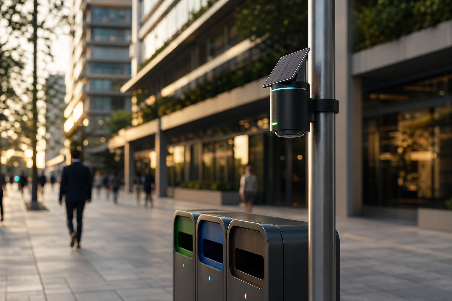 Pole-mounted Solace Iris sensor with solar panel above public recycling bins on a modern city street at golden hour