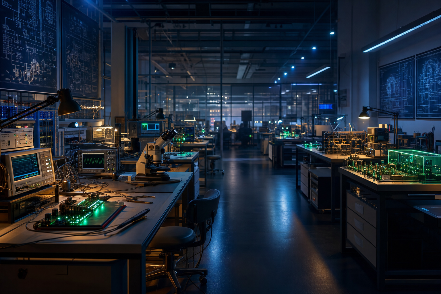 Solace Technologies engineering and R&D laboratory in New Cairo - rows of illuminated benches with prototypes, oscilloscopes, and schematics on the walls.