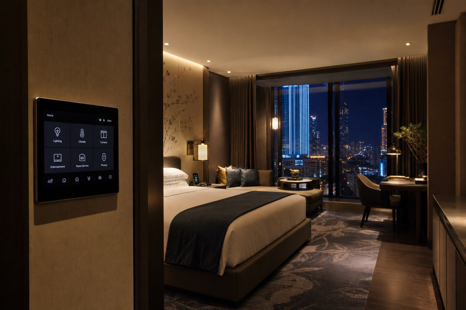 Smart hotel room with ambient lighting and a Solace guest control panel
